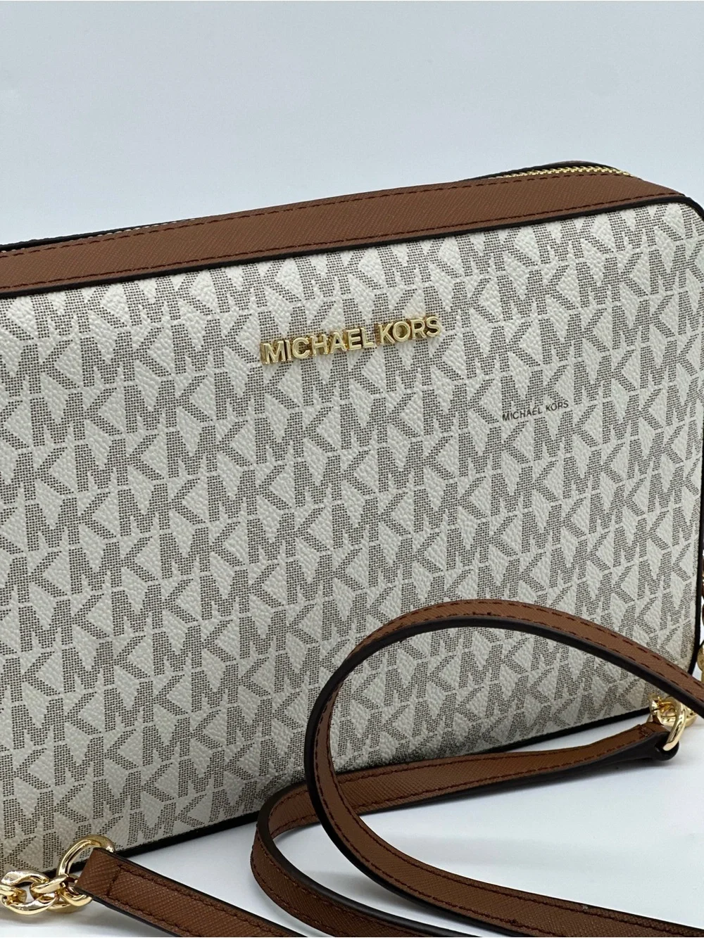 Michael Kors Signature MK Monogram Crossbody in Brown/Canvas with Gold Hardware
